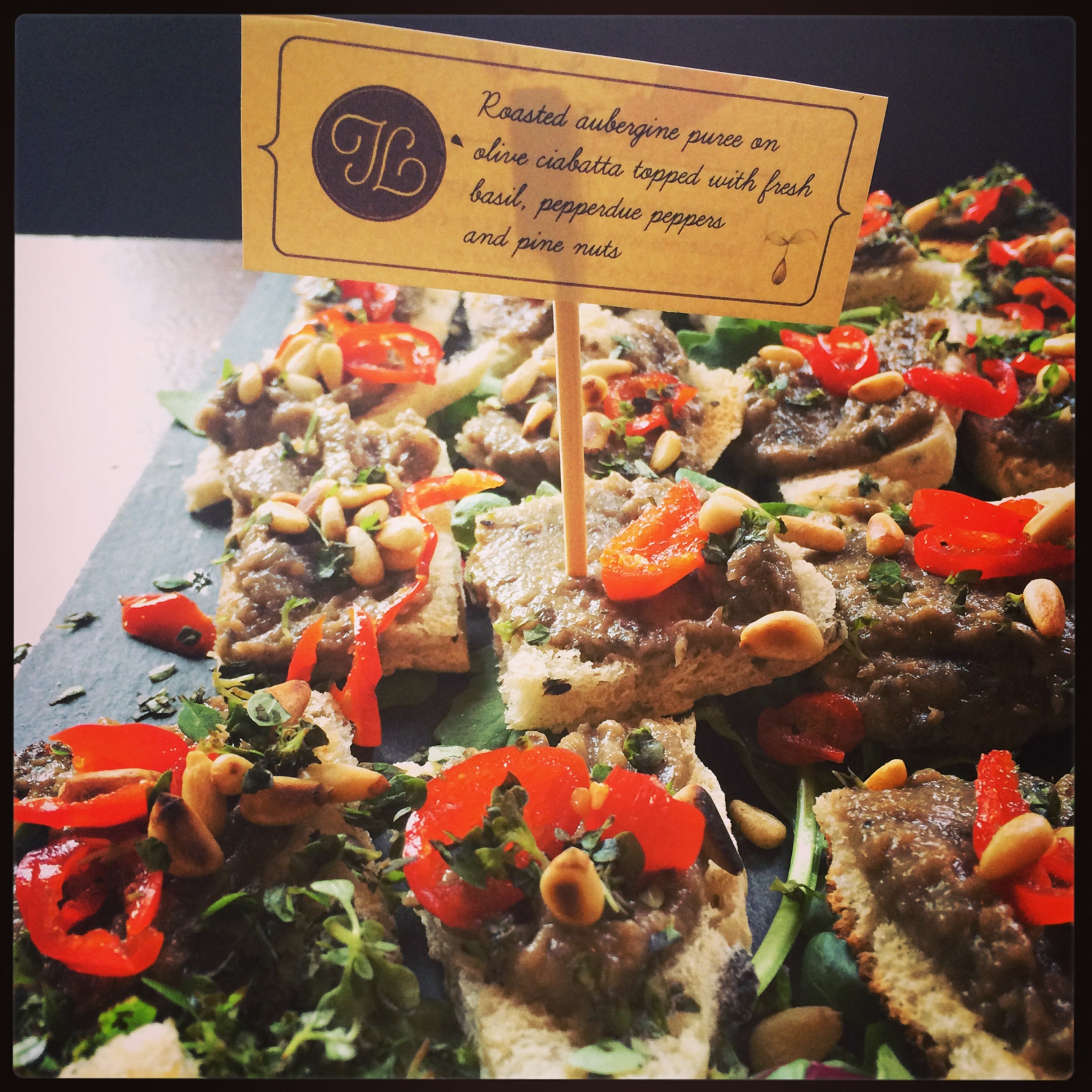 Aubergine canapes at a different kind of wedding.