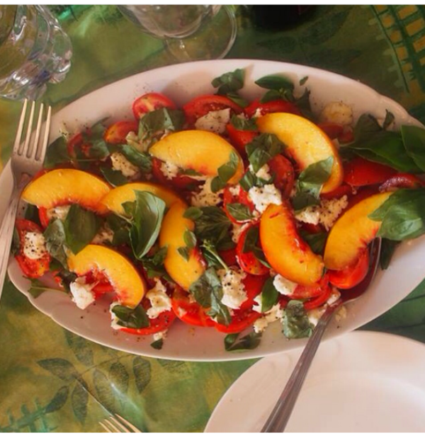 Peach, tomato, mozzarella and basil salad