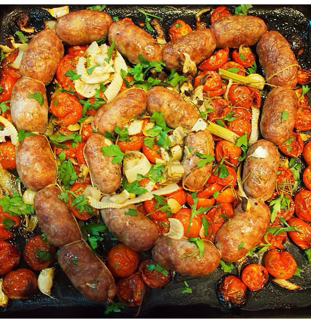 Roasted Tuscan sausages with tomato, fennel and basil Roasted Tuscan sausages with tomato, fennel and basil
